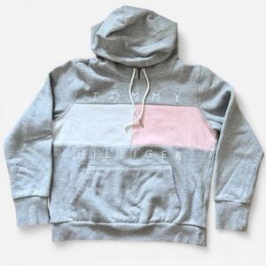 Tommy Hilfiger Gray/pink color block logo hooded sweatshirt women’s M